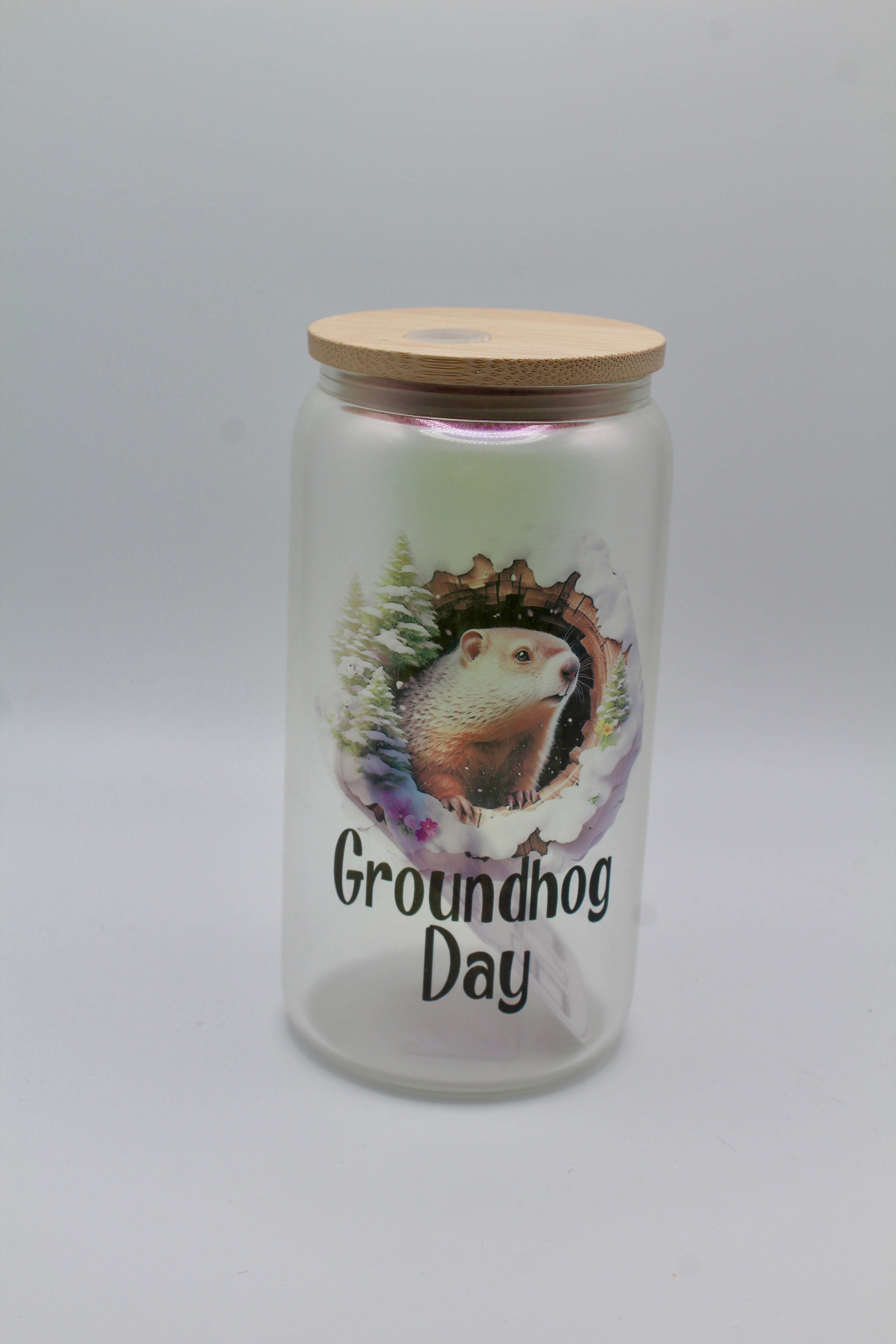 Frosted Beer Groundhog Glass – 12 oz with Lid & Straw-Groundhog Stuff