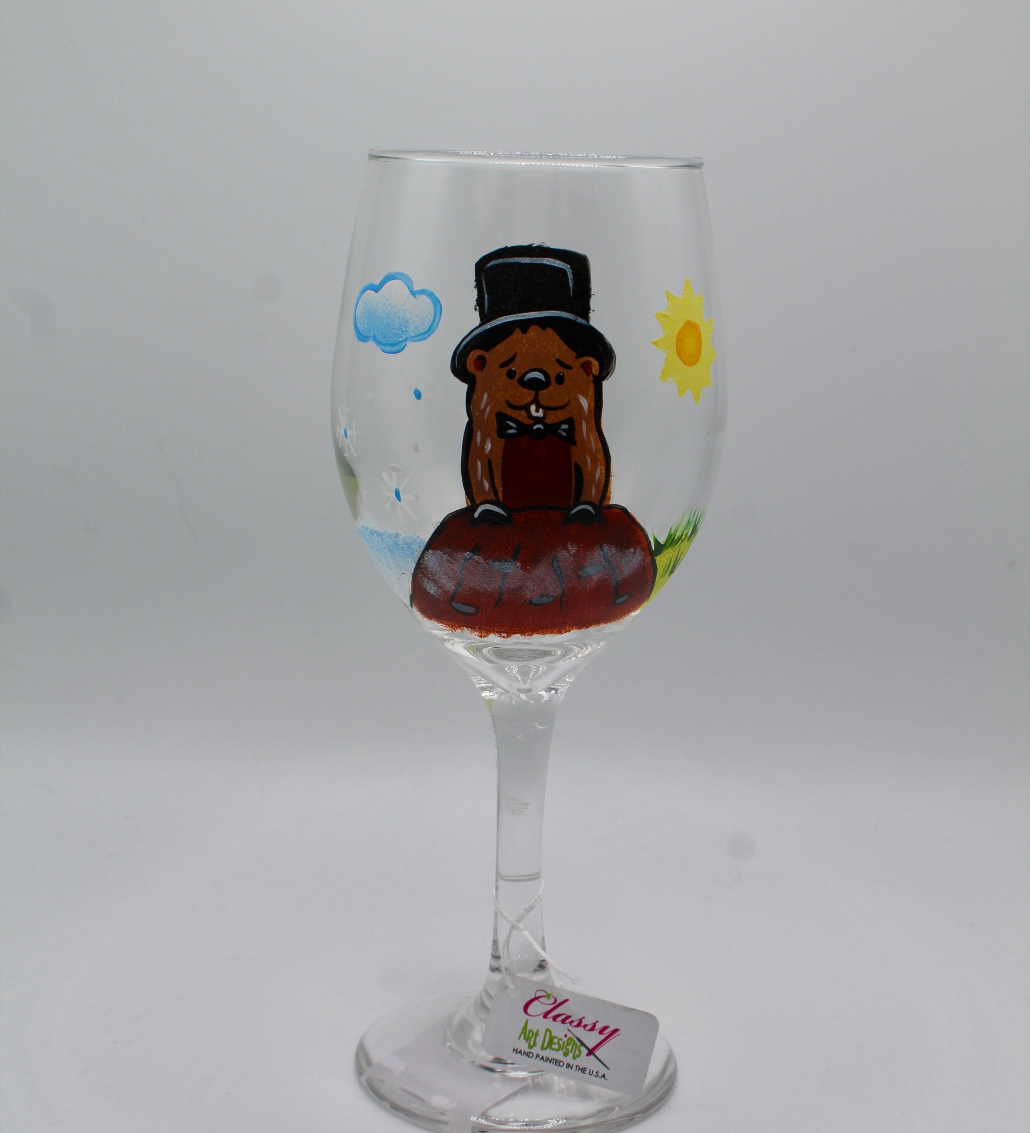 Weather Phil Painted Wineglass-Groundhog Stuff