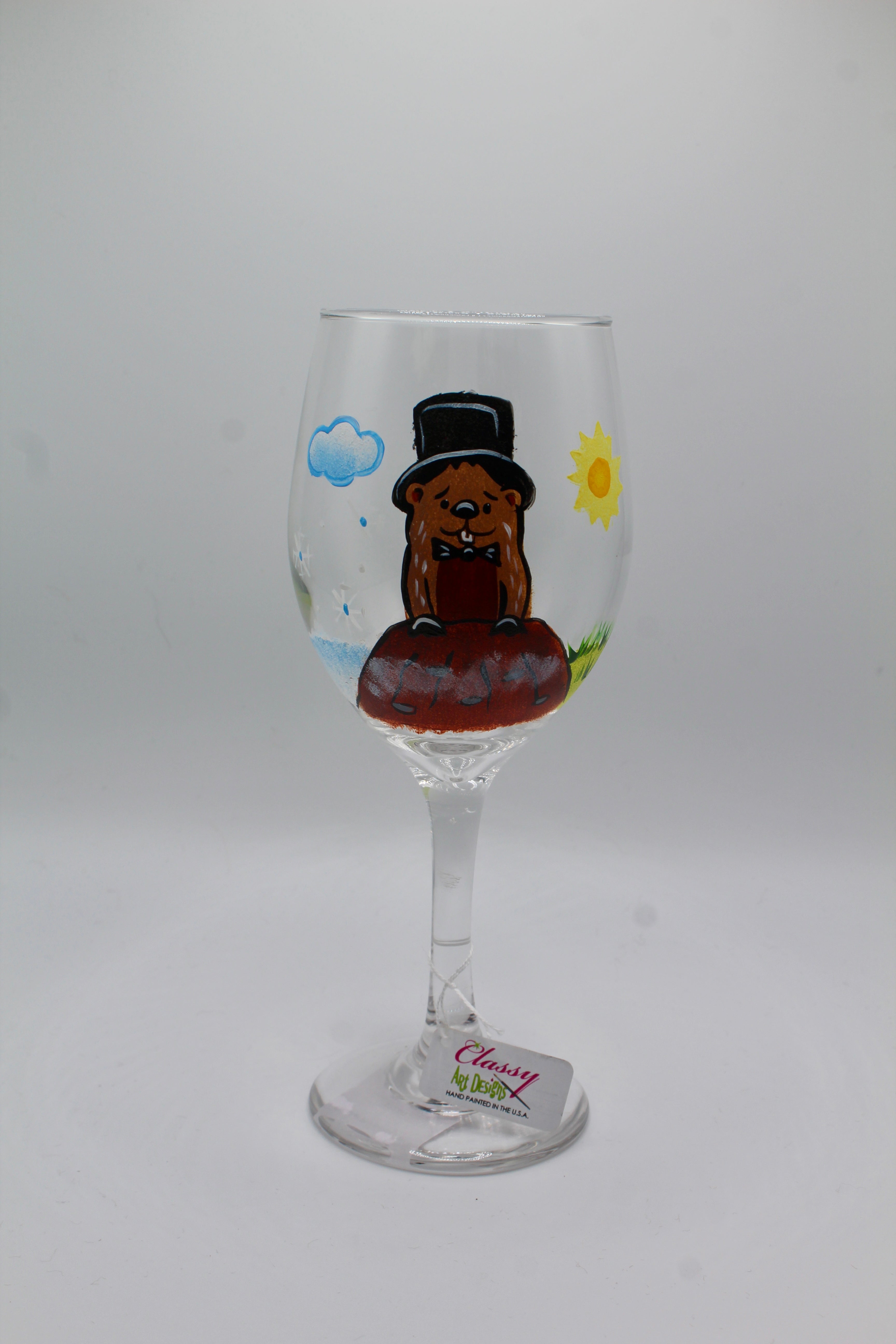 Weather Phil Painted Wineglass-Groundhog Stuff