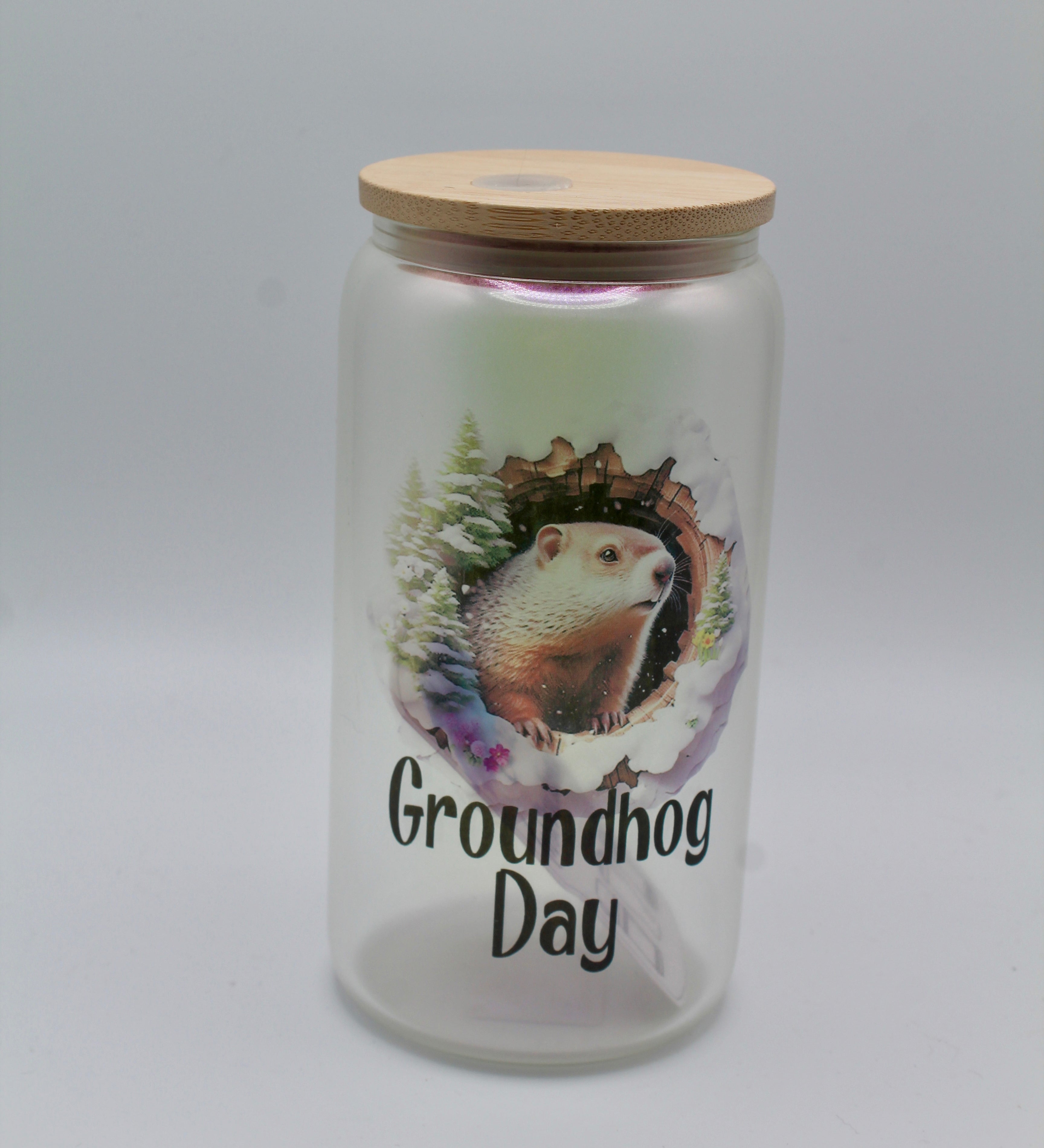 Frosted Beer Groundhog Glass – 12 oz with Lid & Straw-Groundhog Stuff