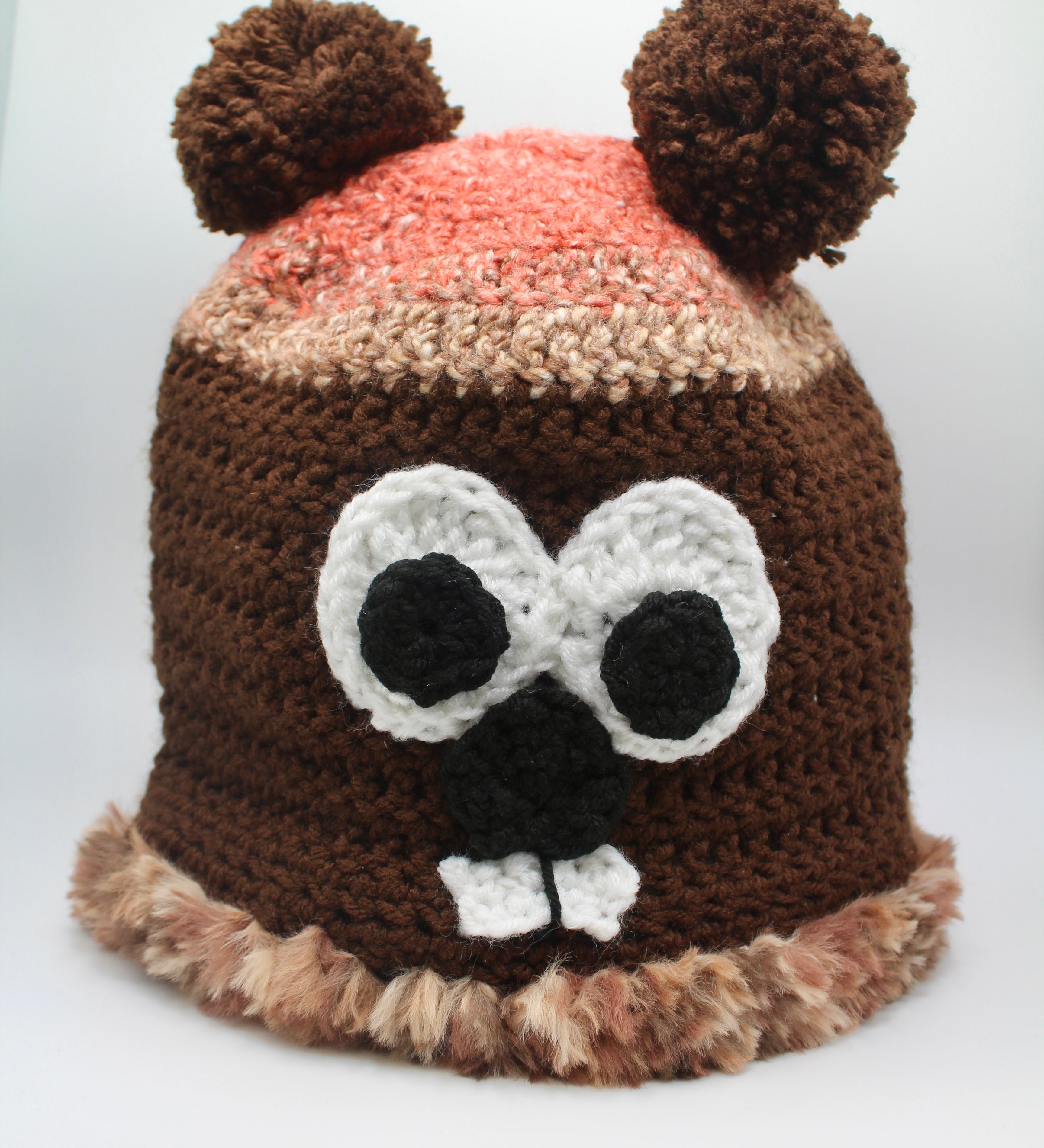 Adult Handknit Groundhog Hat with Fur Trim-Groundhog Stuff