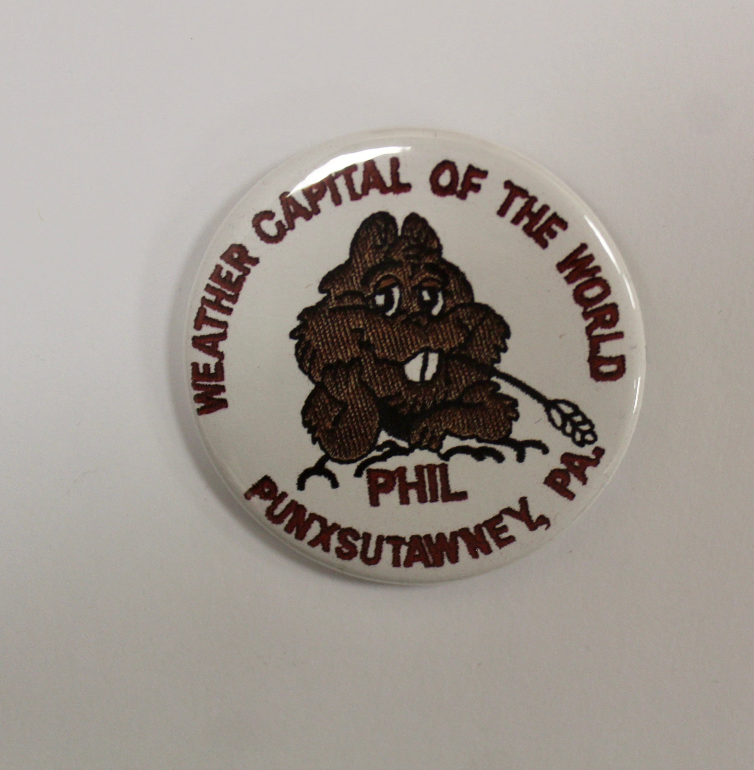 Weather Capital of the World Pin - White with Red Text-Groundhog Stuff