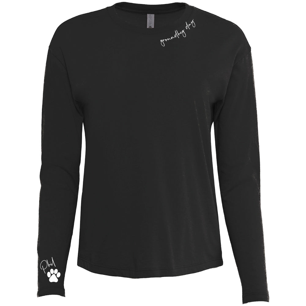 Women's Groundhog Day Long Sleeve T-Shirt - Script Neck & Phil Sleeve-Groundhog Stuff