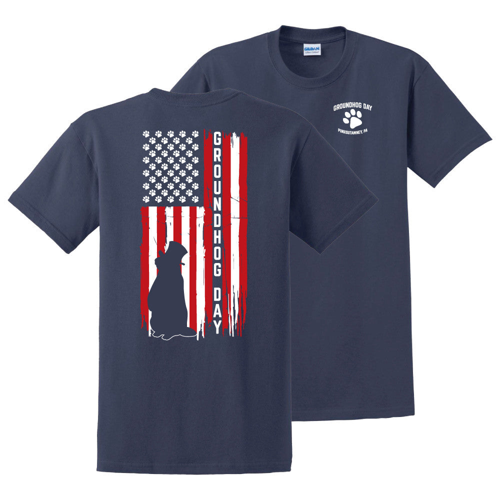 Adult Groundhog Paw & Flag T-Shirt - Navy (2X)-Groundhog Stuff